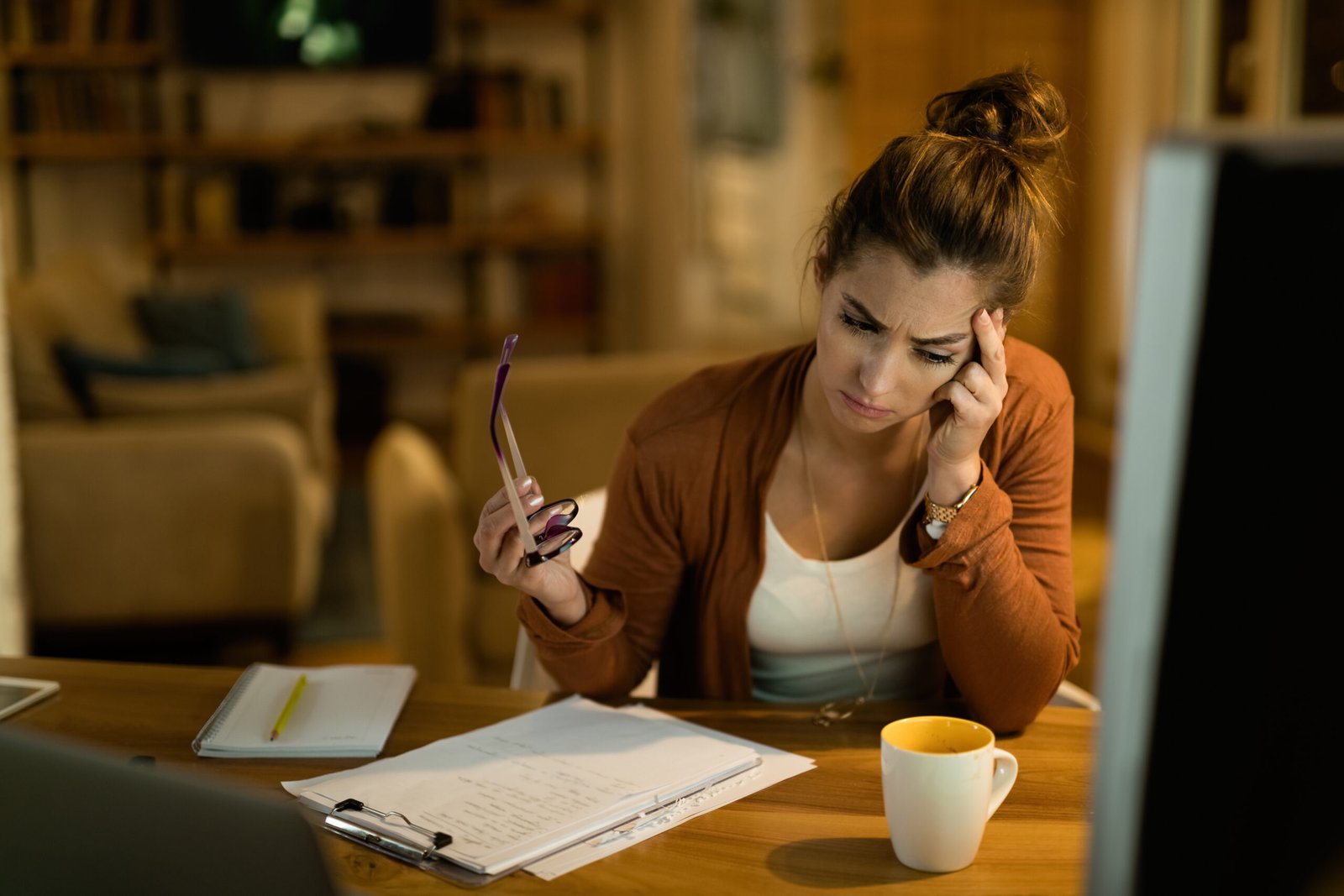 young worried woman thinking while working in the evening at hom